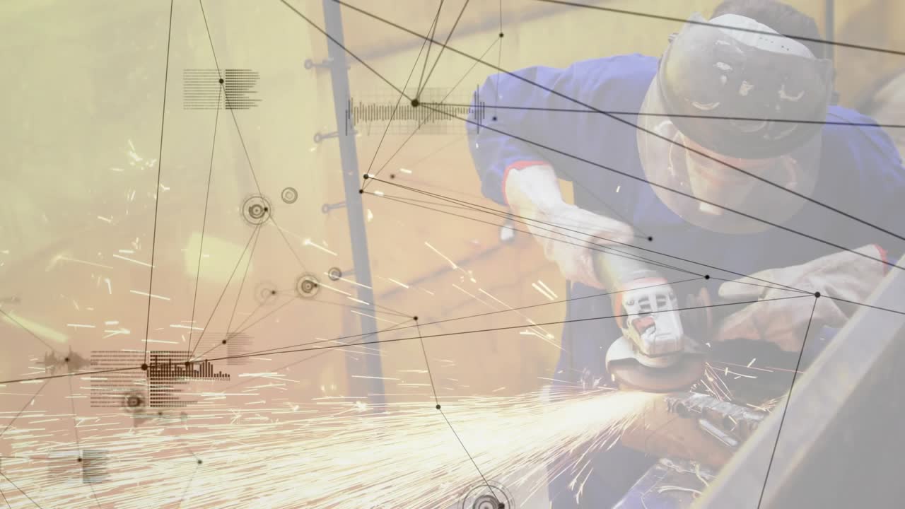 Metal fabricator powering grinder smoothing weld seam on beam, generating sparks with HUD overlay