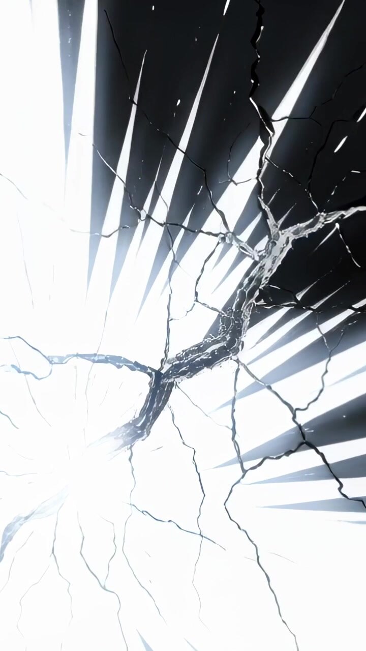 Vertical video: Appearing lower-left, white burst sending jagged cracks and rays across black field