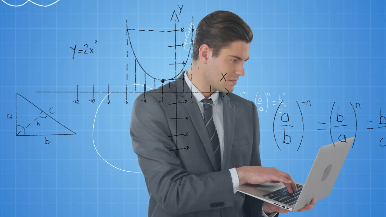 animación de un hombre de negocios caucásico sobre ecuaciones matemáticas sobre fondo azul