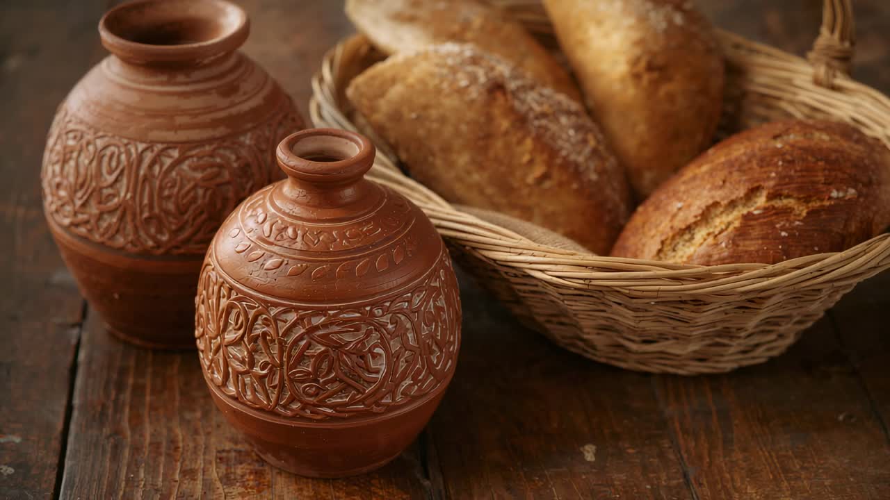 Shifting camera revealing decorated terracotta jars and wicker basket on wooden table, crumb detail
