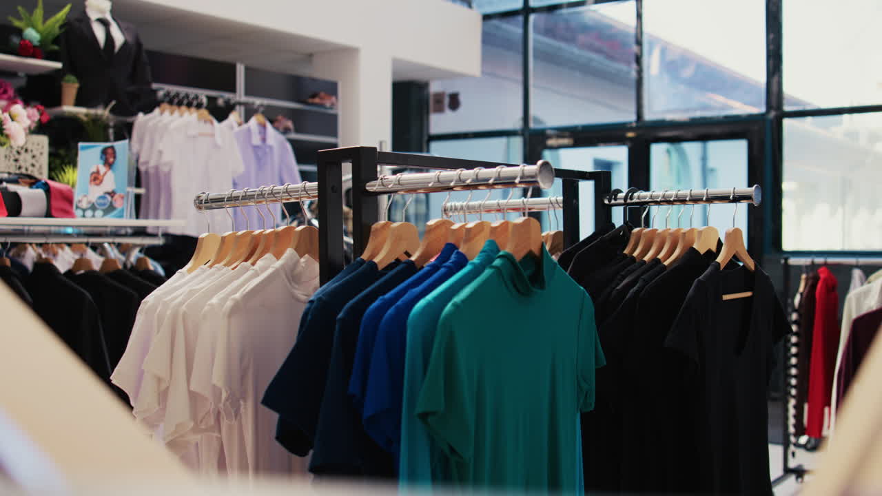 다채로운 셔츠로 가득 찬 선반