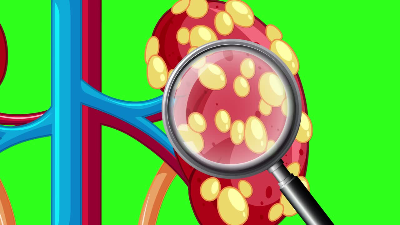 Animation shows kidney cancer tumor growth, magnified cellular detail, on bright green background