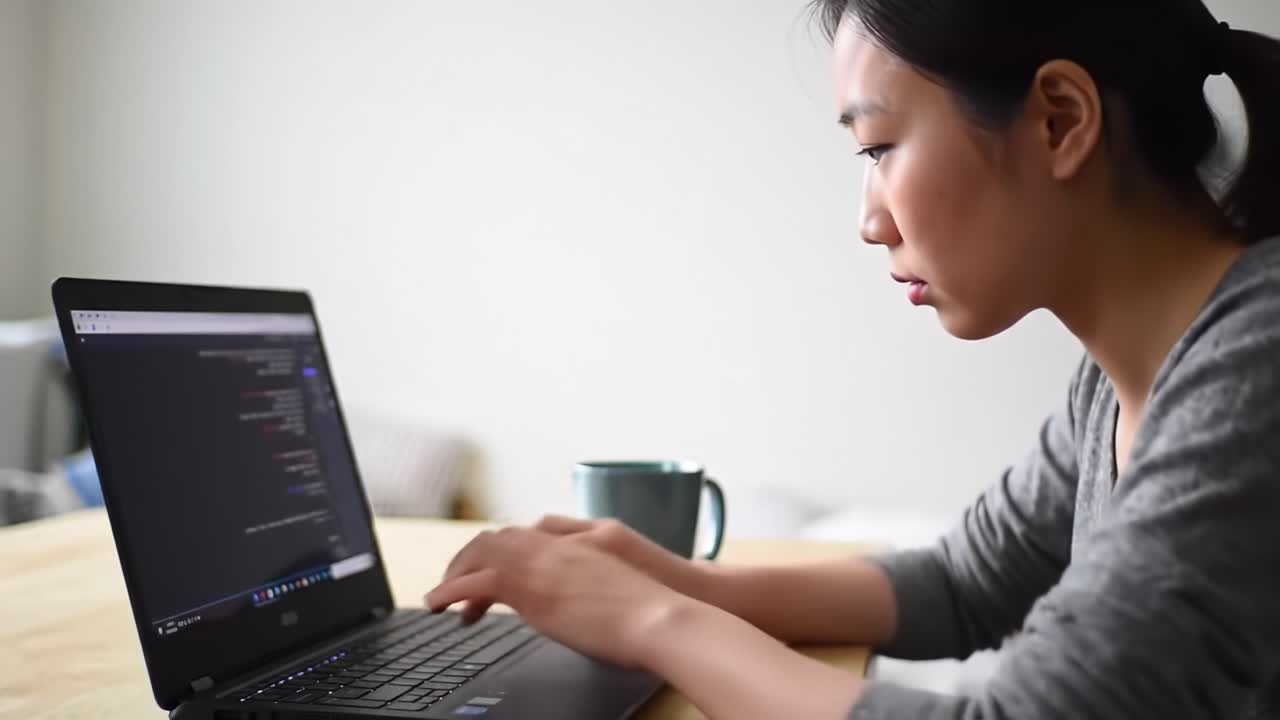 Focused Young Woman Engaged in Programming on a Laptop While Enjoying a Cup of Coffee in a Minimalist Workspace Environment
