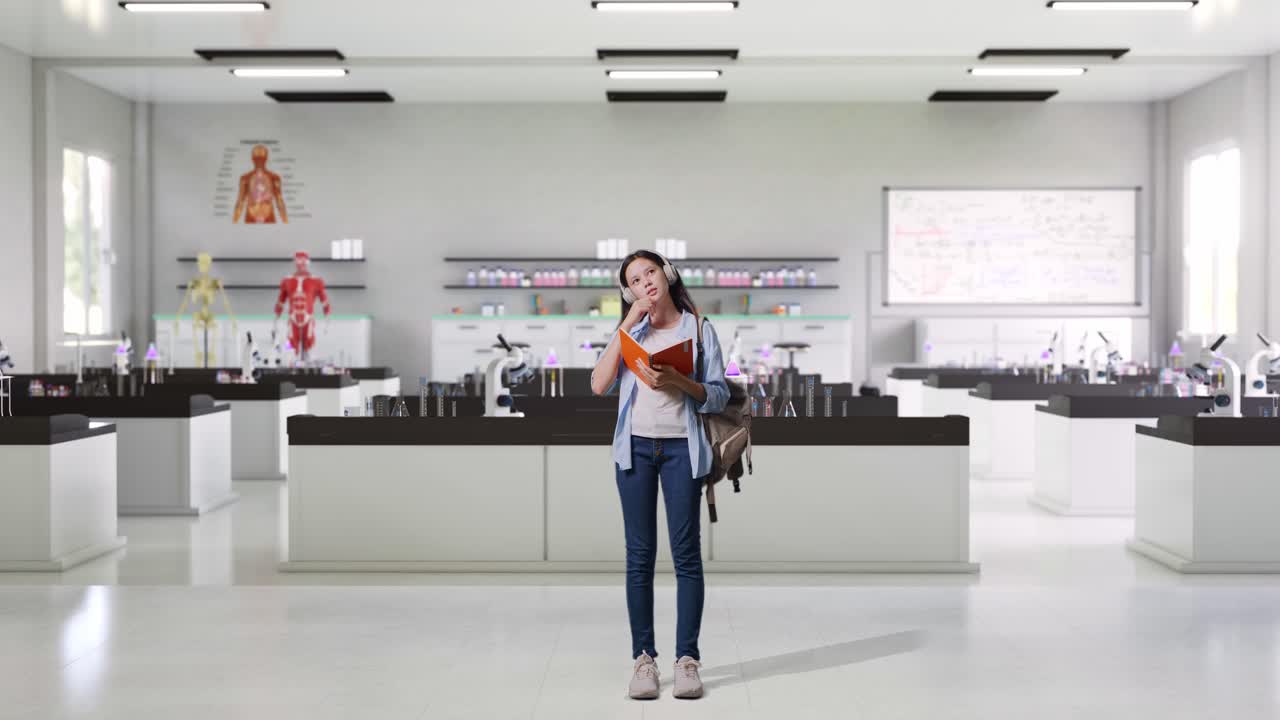 Full Body Of Asian Teen Girl Student With A Backpack Reading Book And Thinking And Looking Around While Standing In Science Laboratory