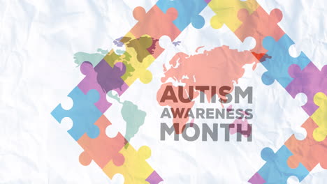 animation of colourful puzzle pieces, autism awareness month text