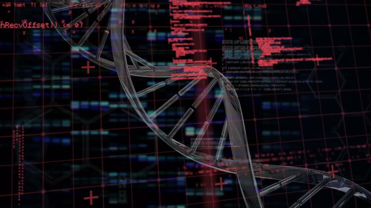 Animation of dna chain rotating over data processing in red and black space with lights