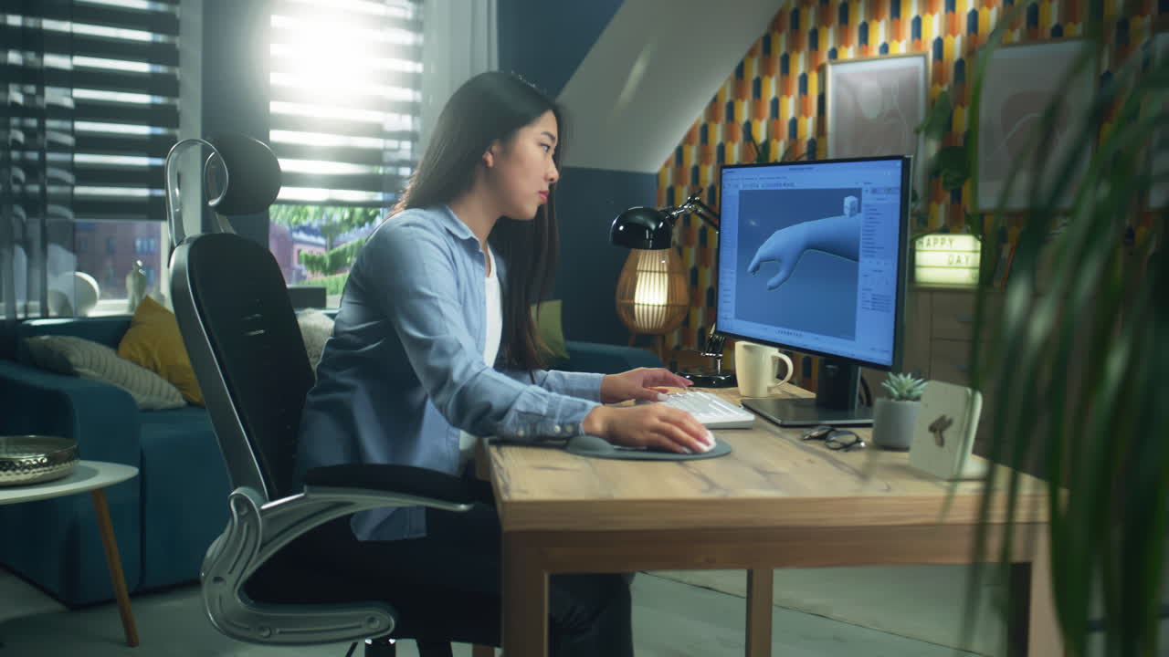 집에서 컴퓨터로 일하는 여자