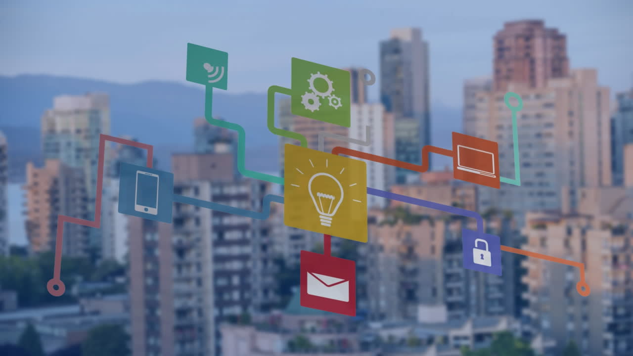 animación de la red de conexiones con iconos sobre el paisaje urbano