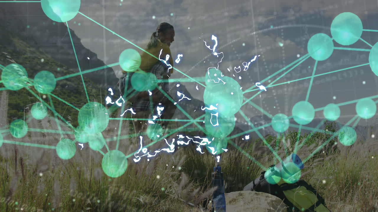 Man giving woman piggyback ride in meadow, showing green network nodes for technology marketing