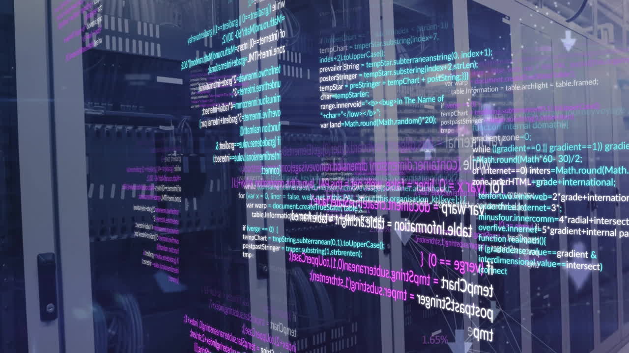 animación de la red de conexiones y procesamiento de datos sobre la sala de servidores