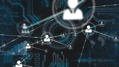 Animation-of-network-of-profile-icons-over-round-scanner-and-microprocessor-connections