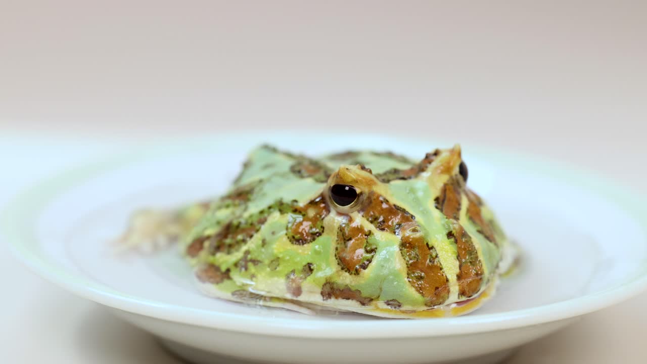 A horned frog sits motionless on a plate under bright studio lighting, creating a serene and focused atmosphere