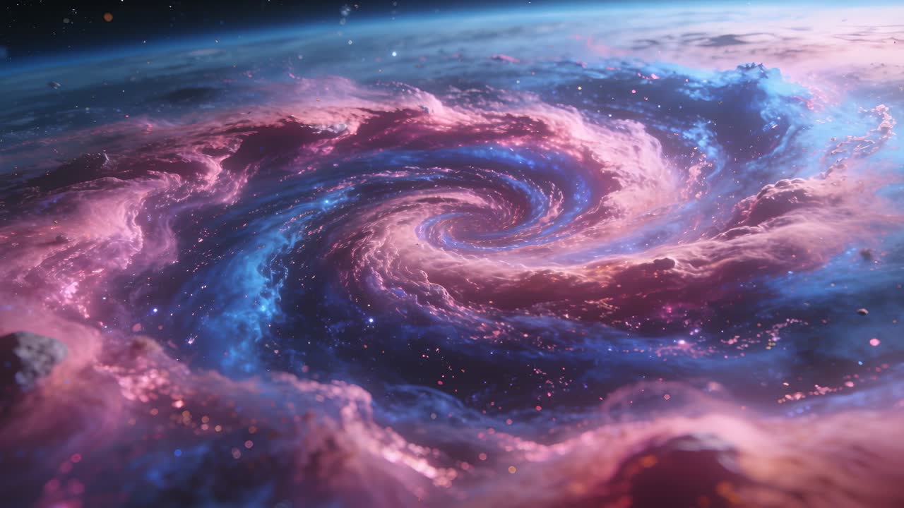 Panning camera revealing rotating spiral nebula above planetary limb to show asteroid foreground