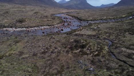 aerial view of the twisting sligachan river though the scottish highlands