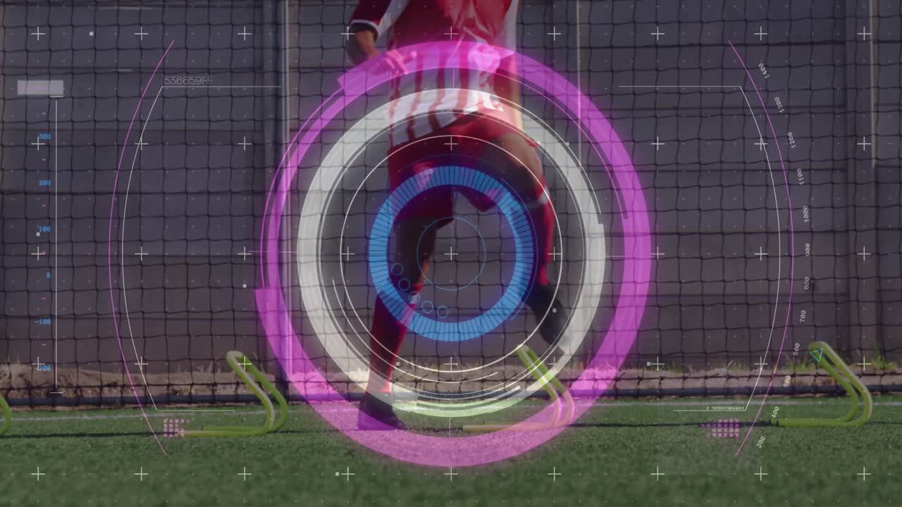animación de escaneo de alcance y procesamiento de datos sobre jugadores de fútbol haciendo ejercicio