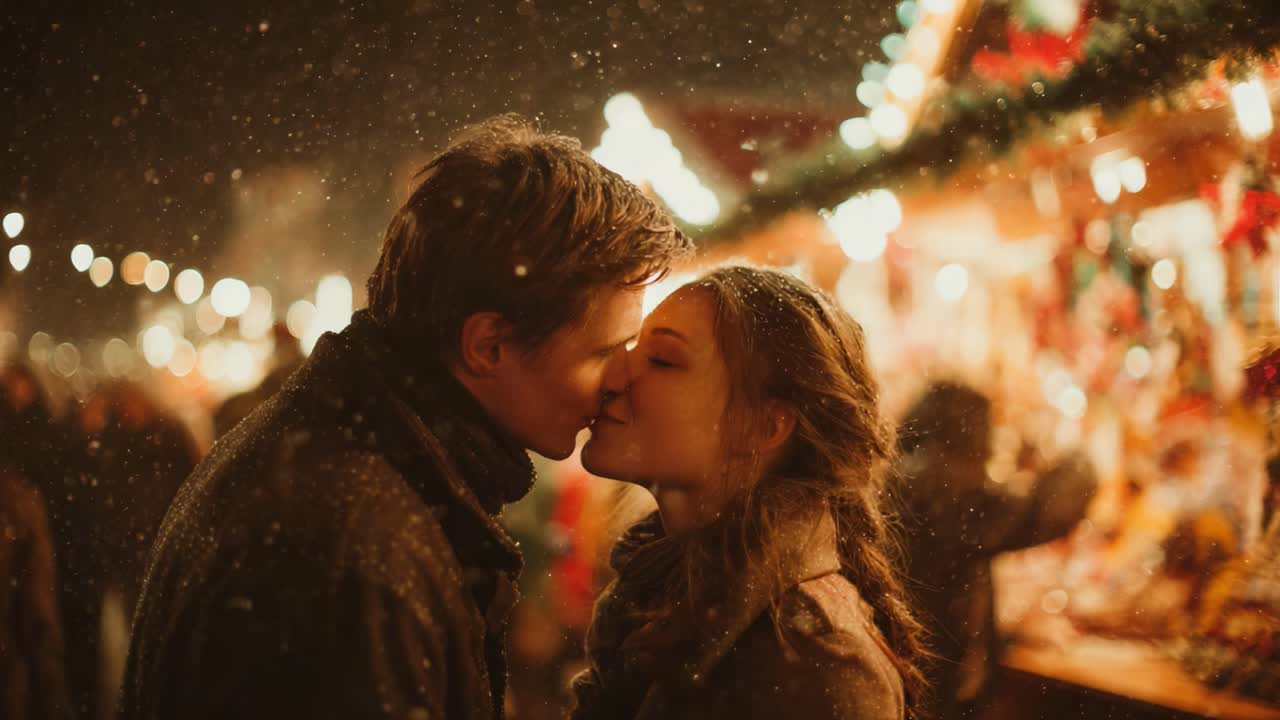 A Romantic Winter Kiss Captured at a Festive Market, Surrounded by Twinkling Lights and a Cozy Holiday Atmosphere, Celebrating Love and Togetherness in the Snow