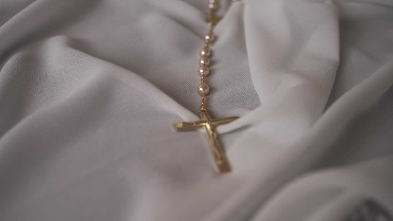 close up of gold rosary with pearl beads resting on soft white fabric in natural light