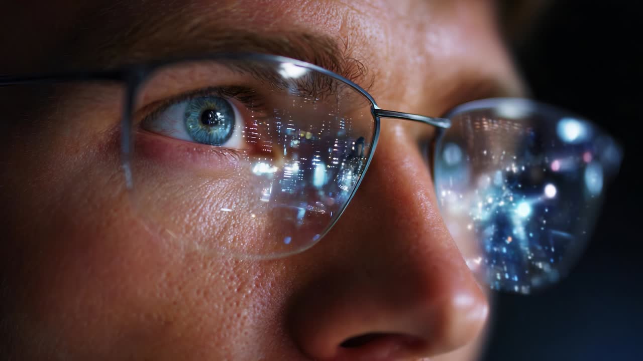 A Close-Up View of Eyes Behind Glasses Absorbing Vibrant Reflections of a Dynamic World, Capturing the Intricacies of Details and Focused Attention in a Technologically Enhanced Environment