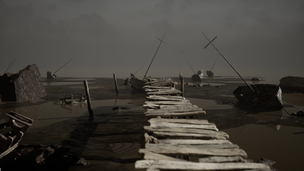 un muelle de madera abandonado que conduce a barcos varados en un paisaje brumoso