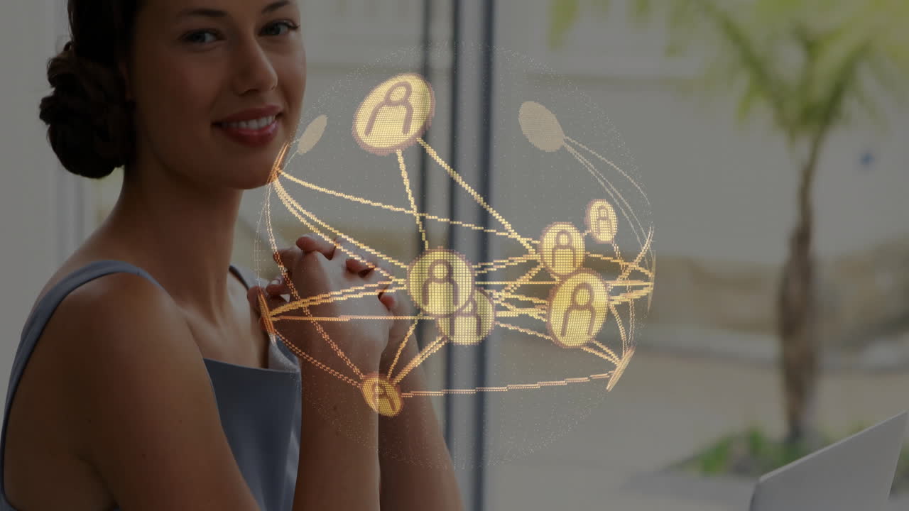 animación de la red de conexiones con personas iconos sobre mujer de negocios biracial usando portátil