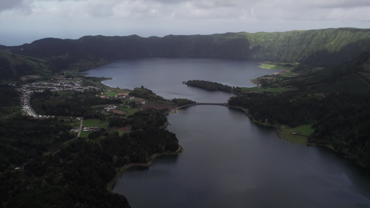 Panoramic aerial of twin lakes in Sete Cidades, S&atilde;o Miguel, Azores