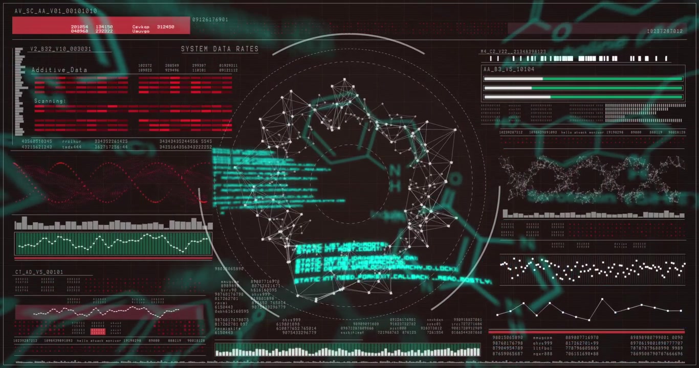 Animation of chemical formulas over data processing on digital screen