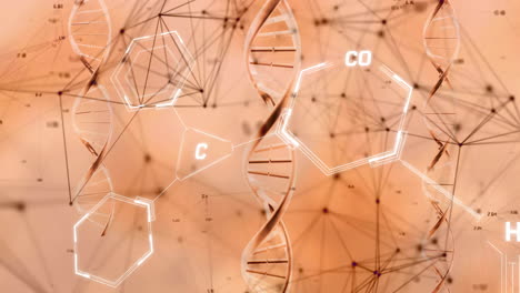animation of chemical formula and dna strand on orange background
