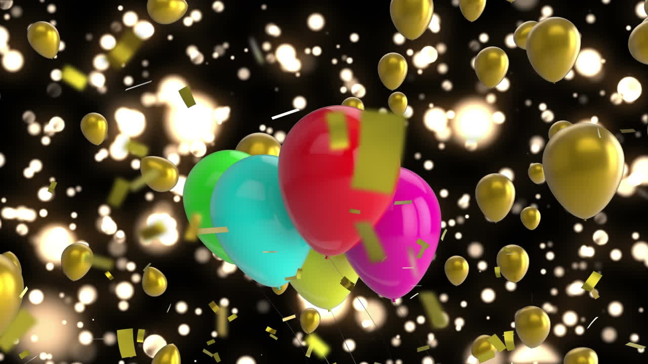 animación de confeti cayendo y globos multicolores volando sobre un fondo negro