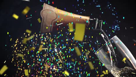 animation of multi coloured confetti and fireworks over champagne pouring