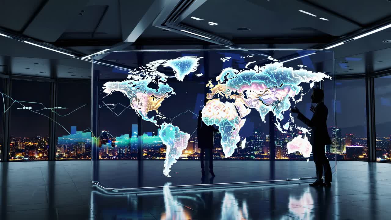 Futuristic video concept with a high-angle view of people interacting with a digital world map