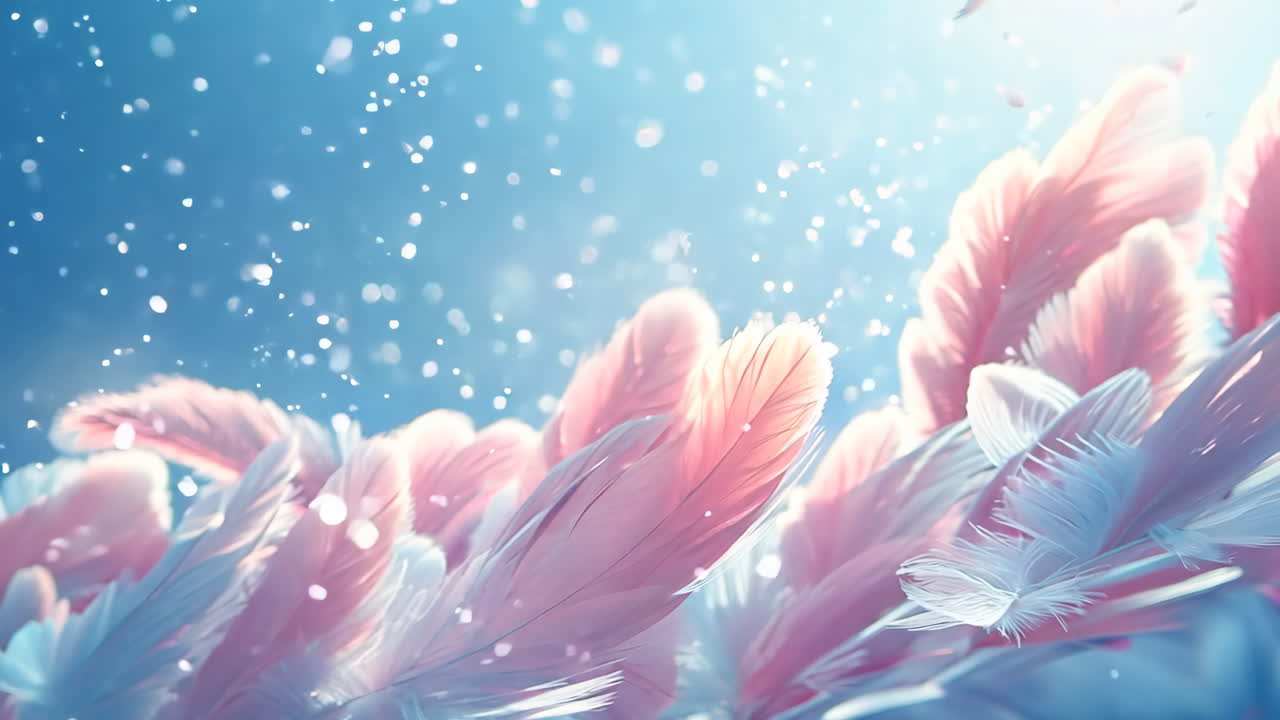 A beautiful image of feathers with pink and white colors. The feathers are scattered all over the image, creating a sense of movement and freedom