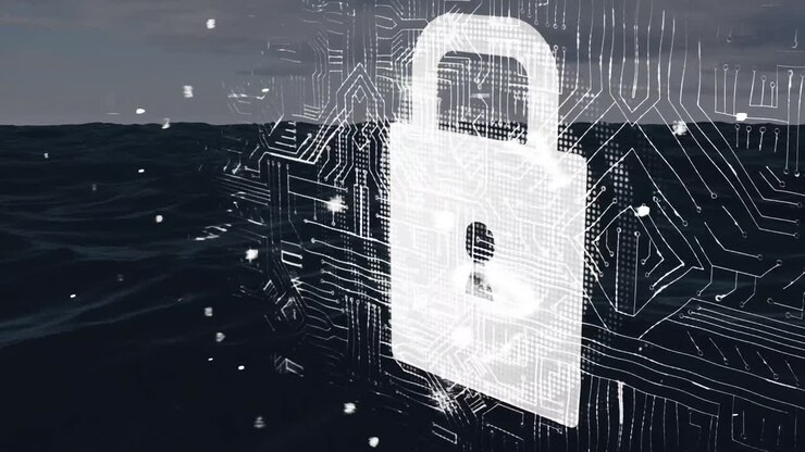 Animazione di sicurezza informatica su onde marine