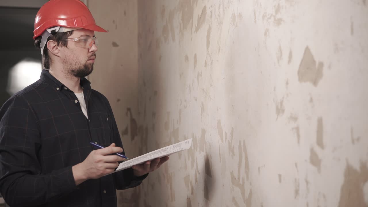 Construction worker inspecting a wall