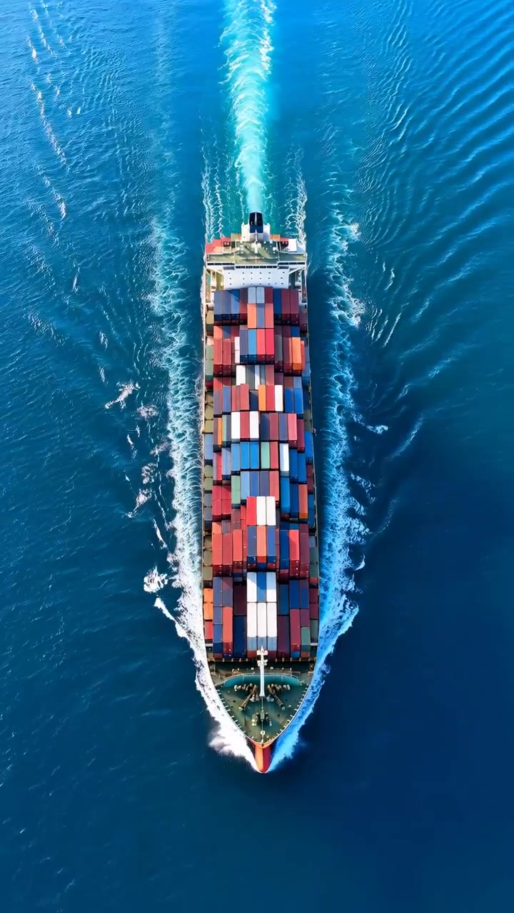 Aerial View Container Ship Cutting Through Deep Blue Sea With Long White Wake, Multicolored Stacked Containers