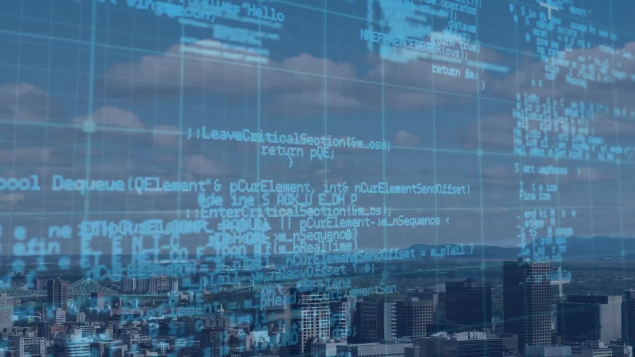 Animation of data processing over cityscape