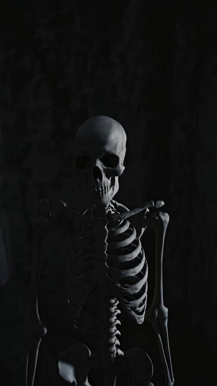 A low-angle shot of a skeleton in a dimly lit stone room, creating a mysterious, eerie atmosphere