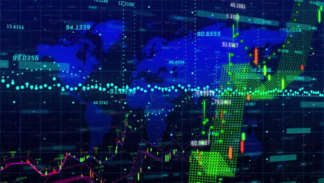 animation of financial data processing over world map against blue background