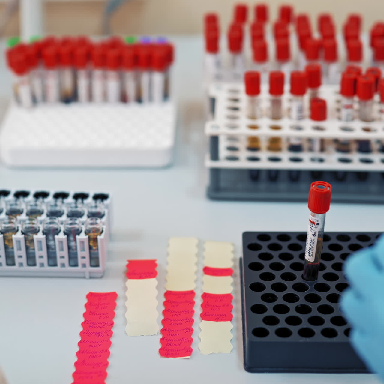 Hands of professional laboratory technicians working with many vials of liquid. Sterile table with different racks with test tubes of blood sample in the medical laboratory.
