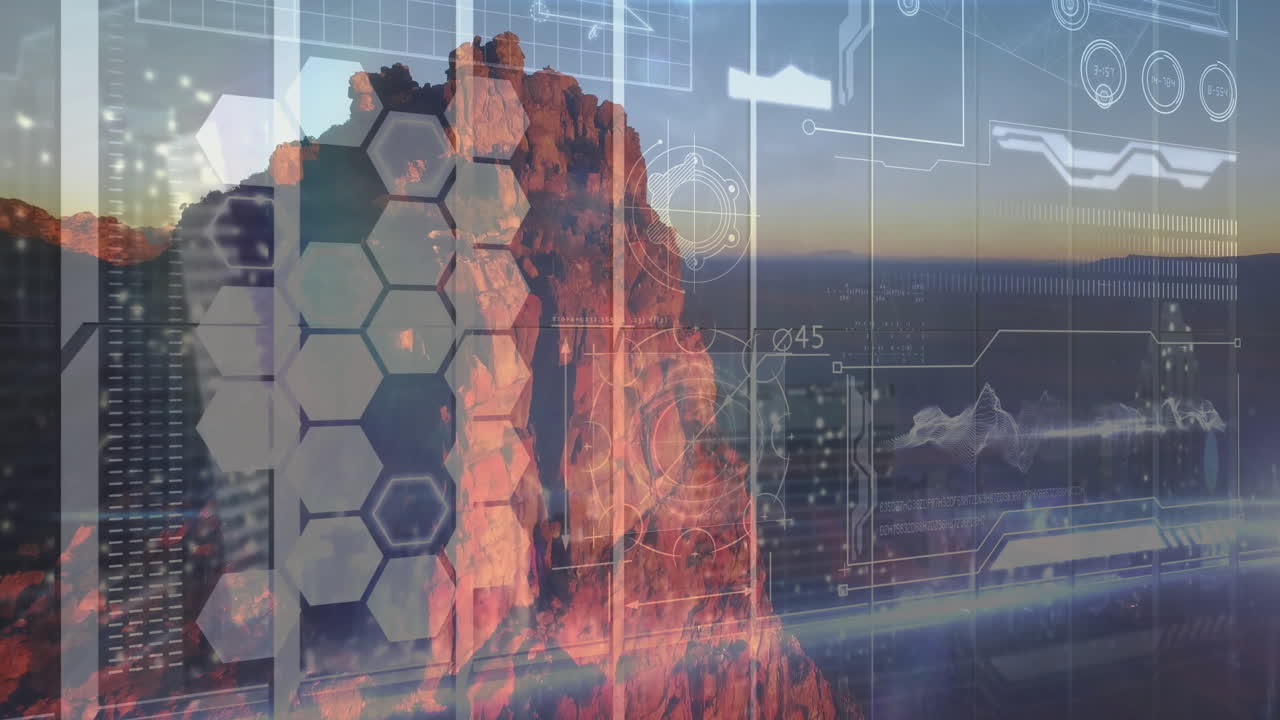 Natural rock arch forming silhouette while hex grid overlaying data streams across sunset skyline