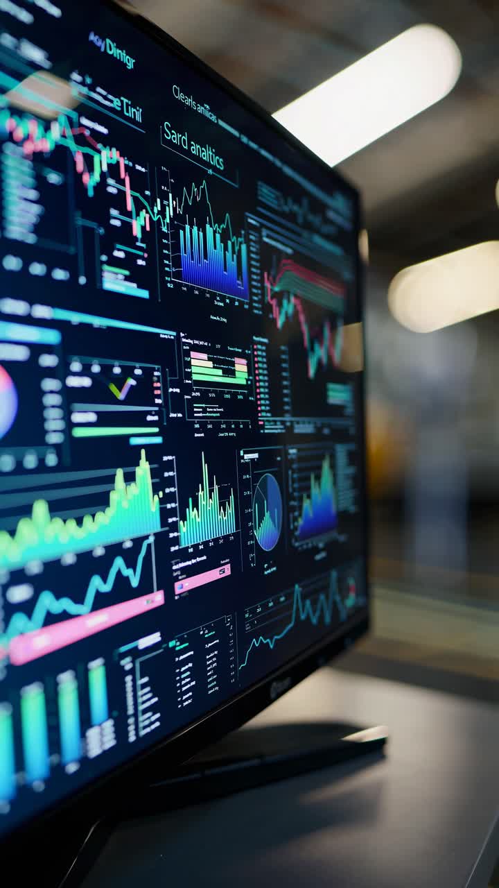 Side angle view of a computer screen displaying colorful data analytics and graphs