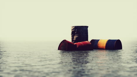 old rusty barrels oil in sea water illustrates the pollution of environment