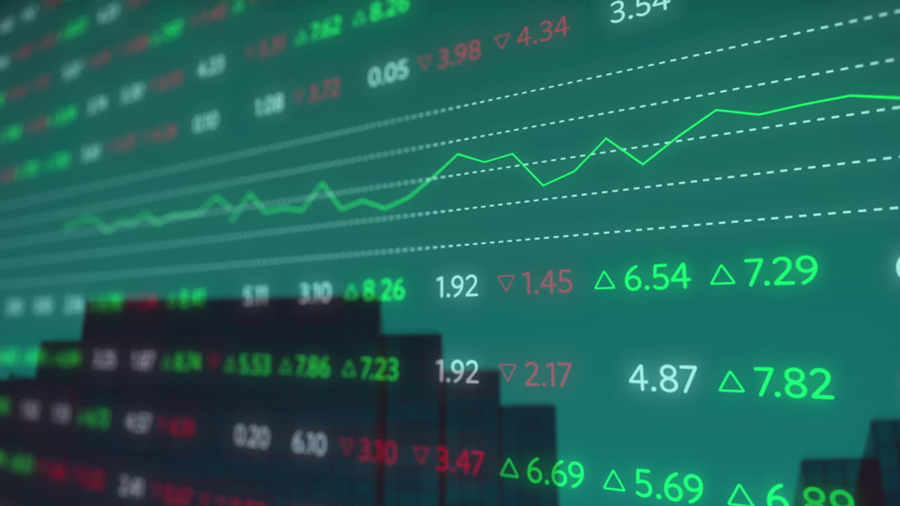 Animazione di elaborazione di dati del mercato azionario sullo sfondo di grattacieli.