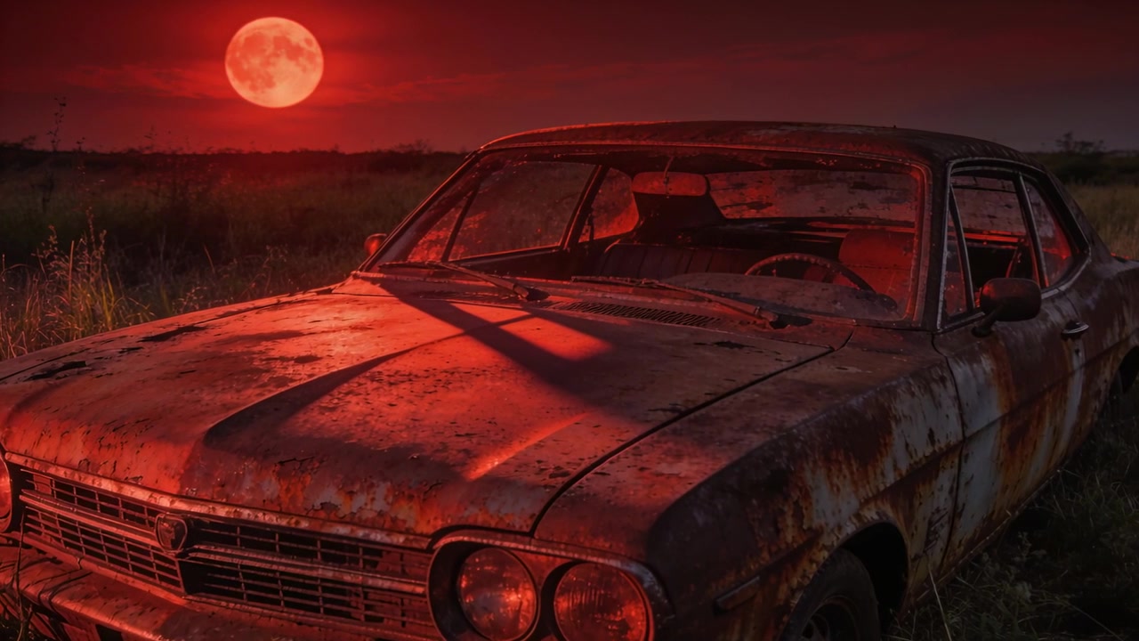 Aufgehender roter Mond wirft nachts rotes Licht auf ein verrostetes Coupé inmitten von Gras, eine gesprungene Windschutzscheibe enthüllend