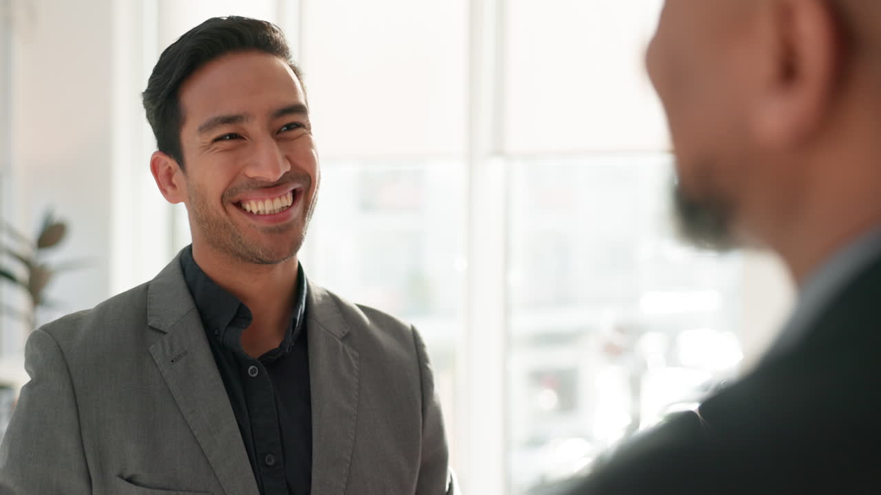 Business men, handshake with interview