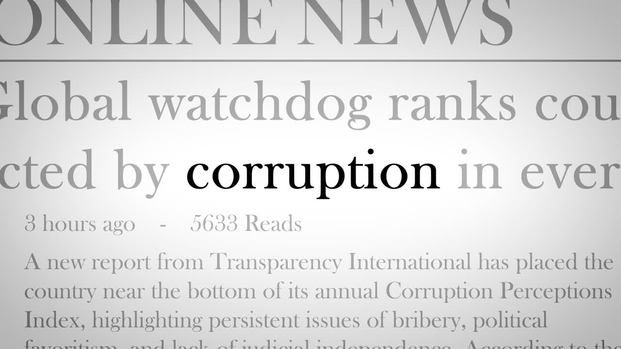 Fast-paced concept video featuring flashing headlines about political corruption, leaked financial scandals, and public outrage, highlighting global concerns over accountability and transparency