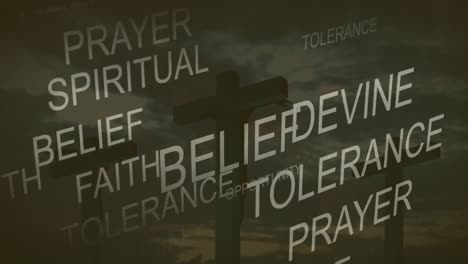 Multiple-religious-words-over-Christian-crosses-against-night-sky