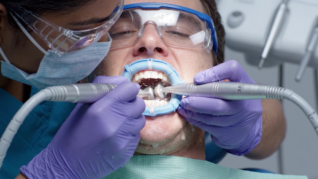 Dental Treatment Underway: Close-Up of Patient Receiving Professional Care with Precision Tools and Protective Gear in a Clinical Environment