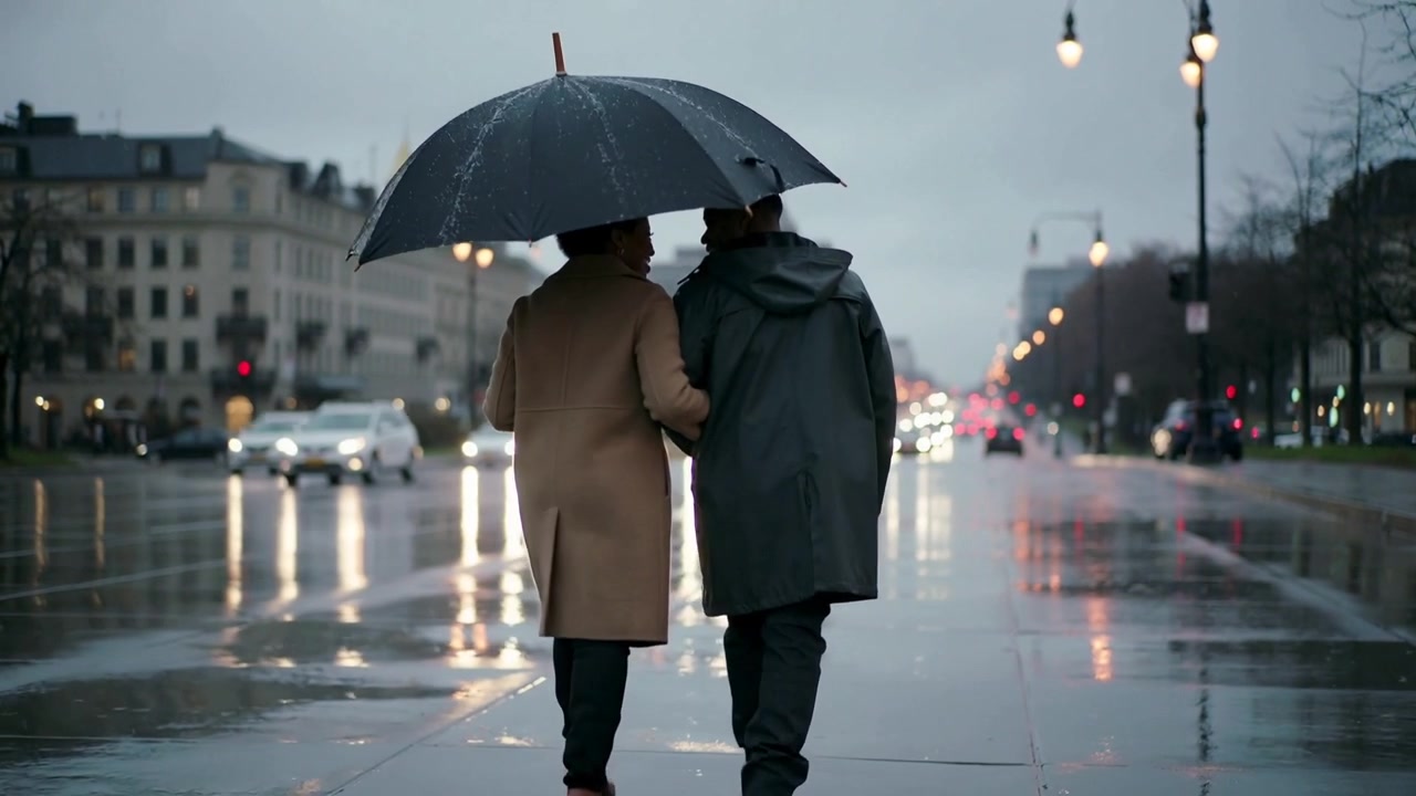 Walking couple linking arms down wet pavement from rain, under umbrella, tan coat, hooded raincoat