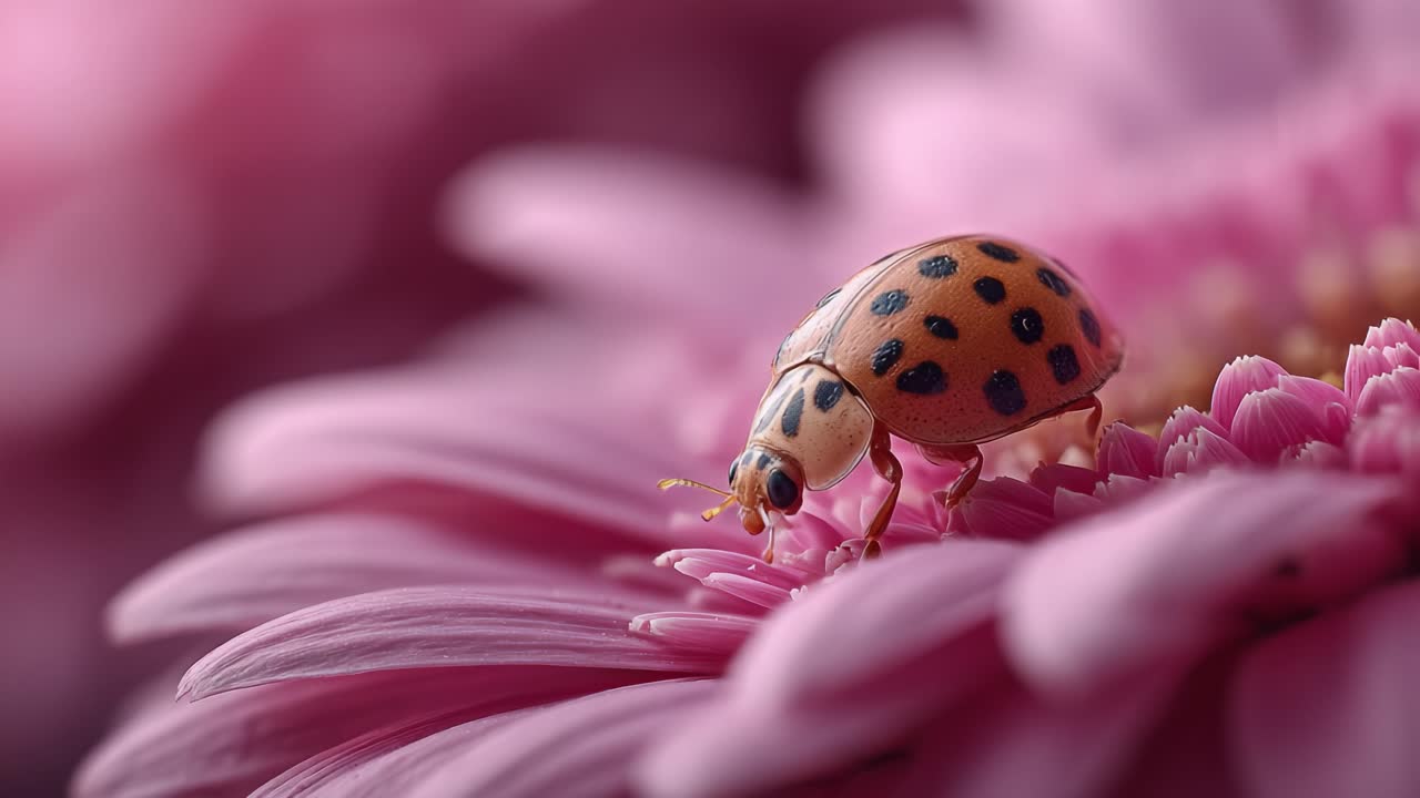 A Beautiful Ladybug Perched on a Vibrant Pink Flower, Showcasing Nature's Gentle Harmony Through Rich Colors and Intricate Details