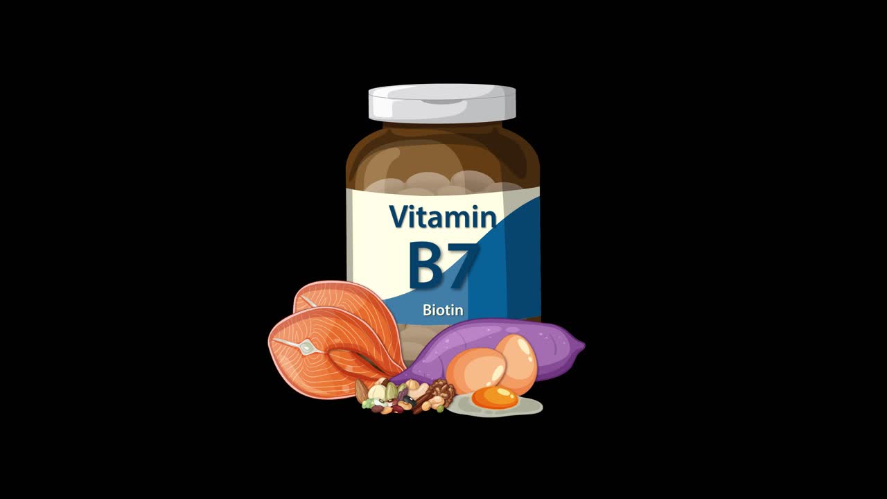 Vitamin B7 biotin supplement bottle animates with nuts, eggs, and vegetables on black background